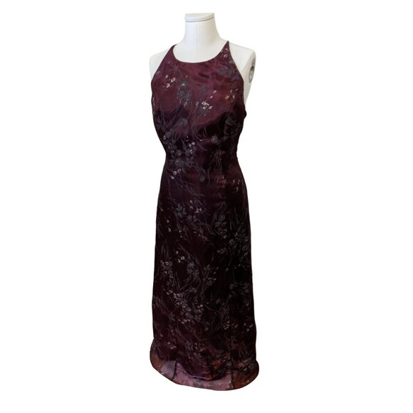 Vintage 90s Burgundy Dress Prom Formal Silver Floral Whimsygoth Witchy Sz 10 - Picture 3 of 12